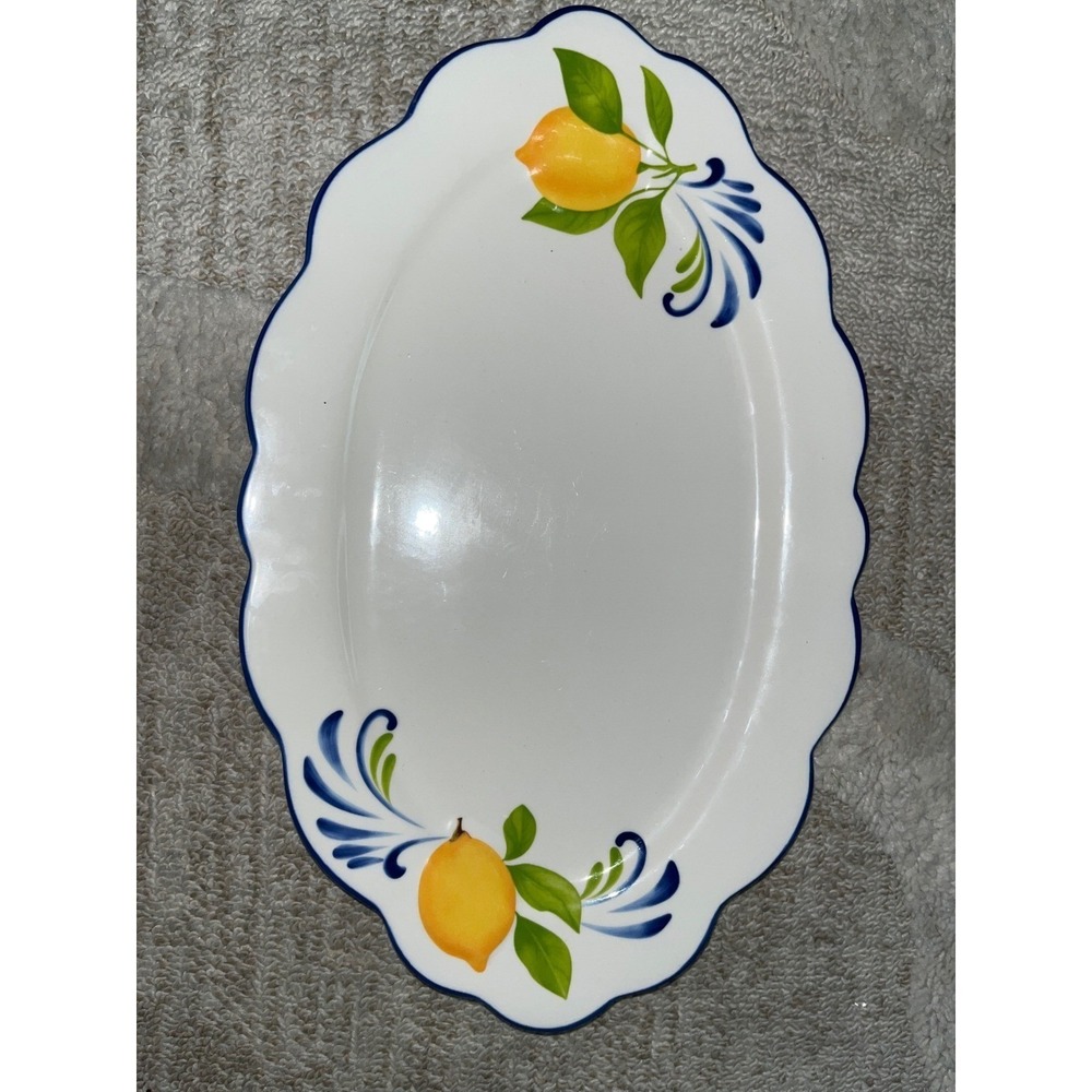Muchoise Lemon Stoneware Serving Tray Scalloped Oval Platter Blue White Citrus - Picture 1 of 4